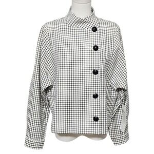 Cabi Windowpane Jacket Womens Medium White‎ Asymmetrical Button Fall 2016 #3173